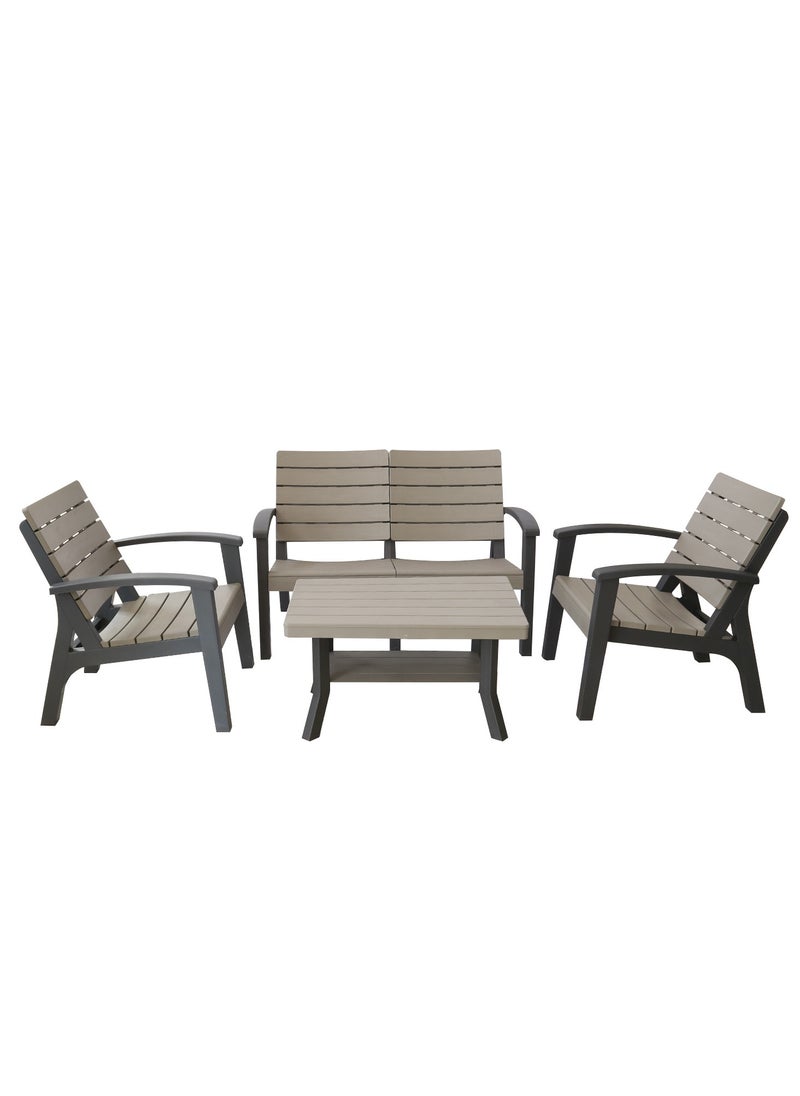 Marcolo 4-Seater Outdoor Sofa Set – Wood-Look Plastic, Double Loveseat, 2 Chairs & Table – Dark Brown & Beige – Ideal for Gardens, Patios, Balconies, Poolside Areas, & Rooftop Terraces  - Image 1