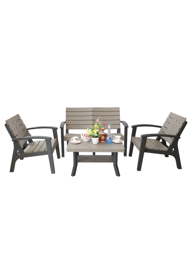 Marcolo 4-Seater Outdoor Sofa Set – Wood-Look Plastic, Double Loveseat, 2 Chairs & Table – Dark Brown & Beige – Ideal for Gardens, Patios, Balconies, Poolside Areas, & Rooftop Terraces  - Image 2