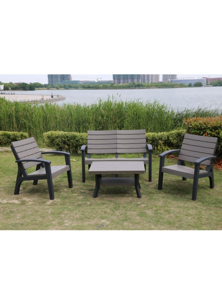 Marcolo 4-Seater Outdoor Sofa Set – Wood-Look Plastic, Double Loveseat, 2 Chairs & Table – Dark Brown & Beige – Ideal for Gardens, Patios, Balconies, Poolside Areas, & Rooftop Terraces  - Image 5