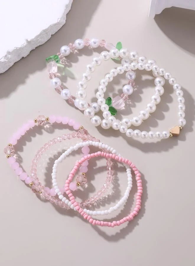 تايك تو Pack of 7 - Pink and White Beaded Elasticated Bracelet Set