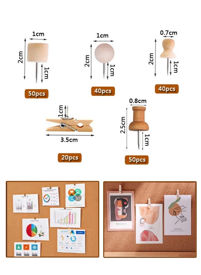 GUSGU - 200Pcs Wood Push Pins,  5 Shapes Decorative Thumb Tacks, Wooden Pins and Tacks, Cork Board Thumbtacks, Cute Thumbtack for Bulletin Boards, Cork Boards, Whiteboards. - Image 1