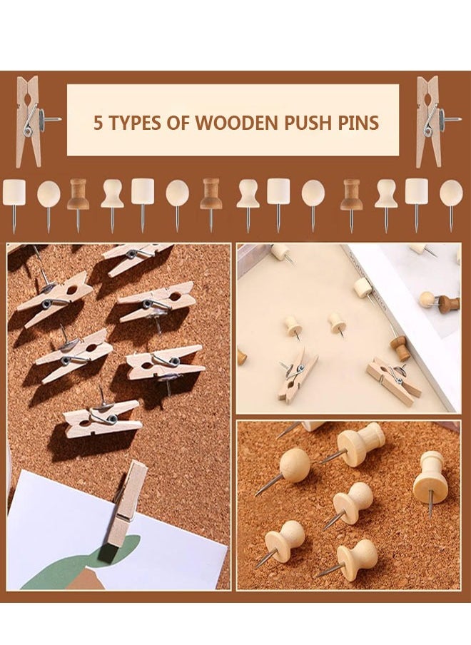 GUSGU - 200Pcs Wood Push Pins,  5 Shapes Decorative Thumb Tacks, Wooden Pins and Tacks, Cork Board Thumbtacks, Cute Thumbtack for Bulletin Boards, Cork Boards, Whiteboards. - Image 1