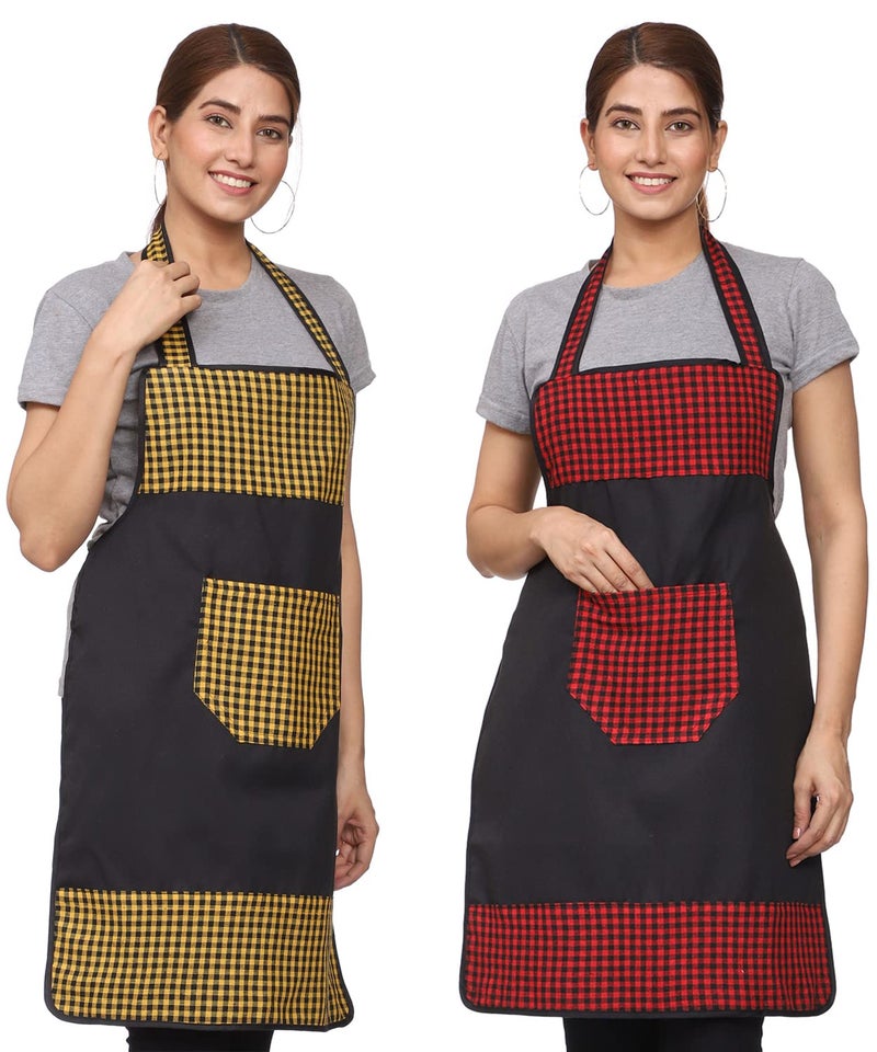 JMi Check and Plain Fabric Designer Waterproof Apron With Front Multi Purpose Pocket For Kitchen, Cooking, Dusting, Home. (Pack of 2) - Image 1