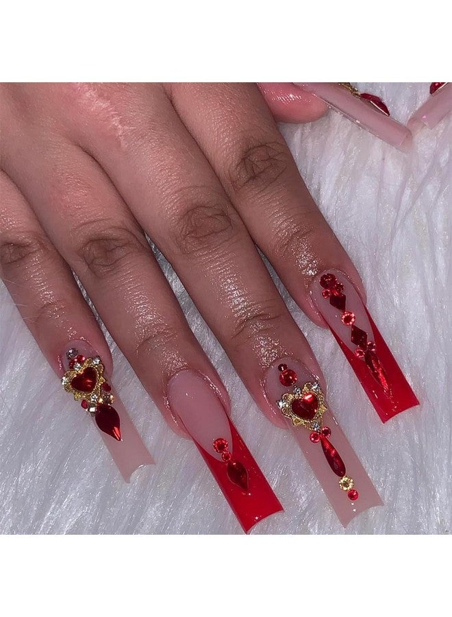 SINSEN Long Square Press On Nails Rhinestone Acrylic Fake Nails Glossy Red French Tip False Nails Very Long Glue On Nails Kit Reusable Stick On Nails Finger Manicure Decorations For Women, 24Pcs - Image 1