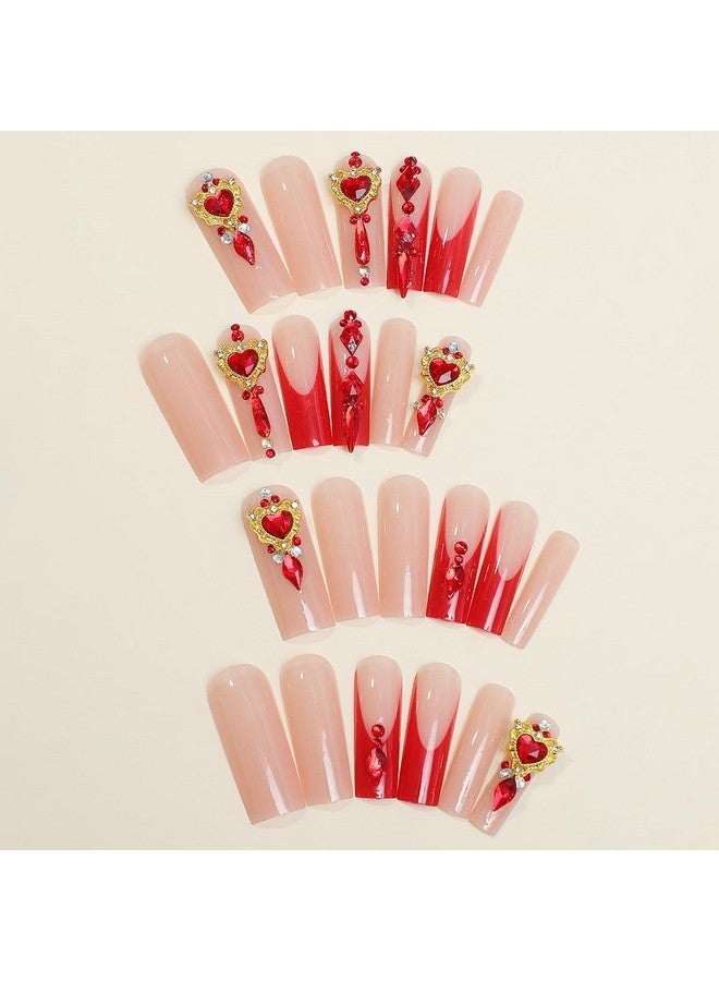 SINSEN Long Square Press On Nails Rhinestone Acrylic Fake Nails Glossy Red French Tip False Nails Very Long Glue On Nails Kit Reusable Stick On Nails Finger Manicure Decorations For Women, 24Pcs - Image 2