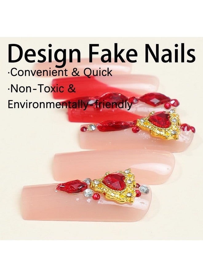 SINSEN Long Square Press On Nails Rhinestone Acrylic Fake Nails Glossy Red French Tip False Nails Very Long Glue On Nails Kit Reusable Stick On Nails Finger Manicure Decorations For Women, 24Pcs - Image 3