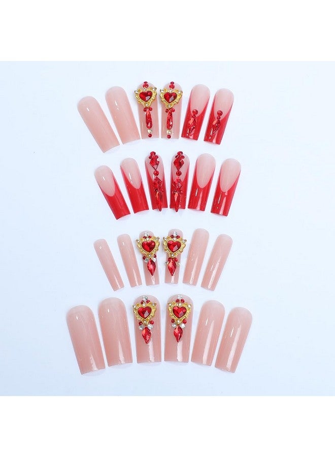 SINSEN Long Square Press On Nails Rhinestone Acrylic Fake Nails Glossy Red French Tip False Nails Very Long Glue On Nails Kit Reusable Stick On Nails Finger Manicure Decorations For Women, 24Pcs - Image 5