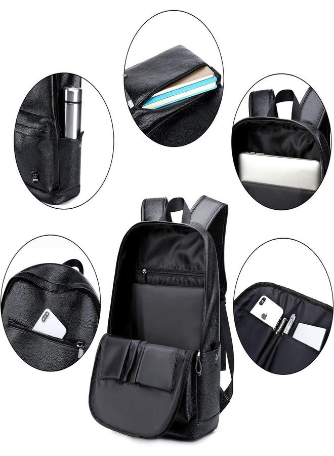 weiatas Black Leather Laptop Backpack for Men Women Work Travel, College School Backpack Casual Daypack fits 15.6 Inch - Image 4
