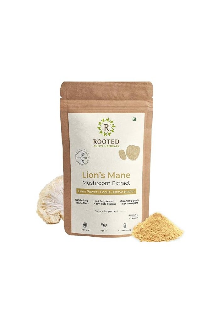 Rooted Actives Lions Mane mushroom Extract (60 g) | Memory, Focus, Brain Powder & Nerve Health. USDA Organic, 38% Beta Glucans - Image 1