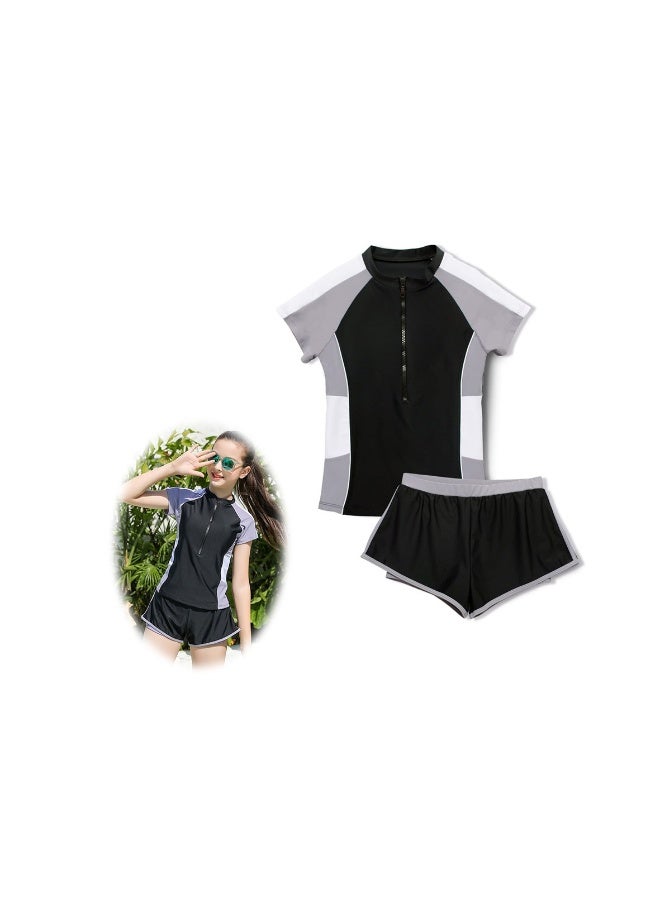 Generic Girls Swimsuits, Kids Two-Piece Rashguard Swim Set, Quick Dry Bathing Suits with Beach Shorts, Sizes 160cm Black  - Image 1