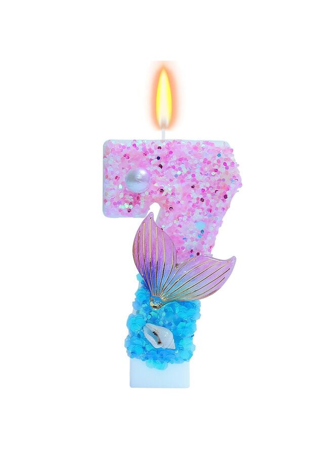 يُسلِّم شموع عيد ميلاد بطابع حورية البحر، لوازم حفلات أعياد الميلاد اللامعة بأرقام الفتيات، ديكورات حفلات الذكرى السنوية (بطابع حورية البحر، رقم 7) - Image 1
