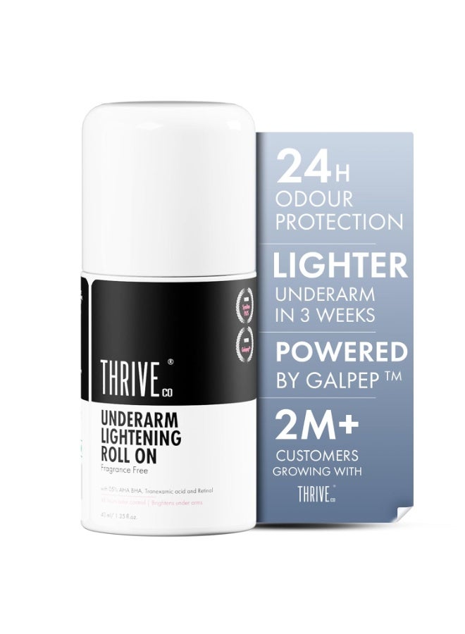 ThriveCo Underarm Lightening Roll-On with 5% AHA BHA, Tranexamic Acid & Retinol – 24H Odour Control, Brightens Underarms & Reduces Discolouration for Smooth & Even Skin, For Men & Women, 40 ml - Image 1