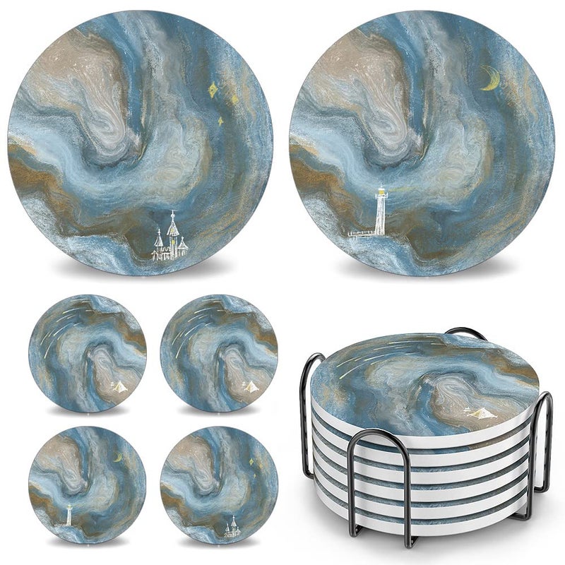 UMIRRO Coasters for Drinks Absorbent with Holder  Cool Table Mats in Ocean Blue for Cups Glasses Desk Office and Home  Cute Ceramic Stoneware Coaster Set