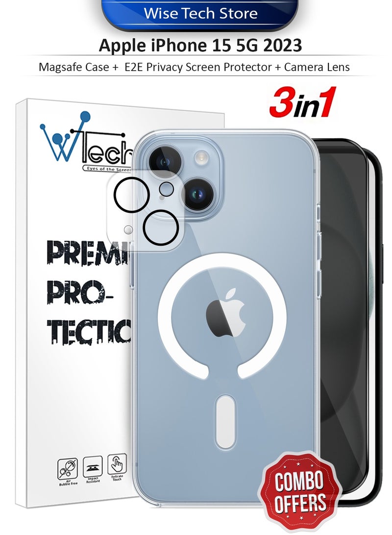 دبليو تيك حزمة حماية 3 في 1 لهاتف آيفون 15 5G 2023 من آبل - حقيبة شفافة فائقة مقاومة للصدمات مع ماجسيف، واقي شاشة زجاجي للخصوصية من الحافة إلى الحافة، وواقي عدسة الكاميرا بحماية 360، سهل التركيب - شفاف/أسود - Image 1