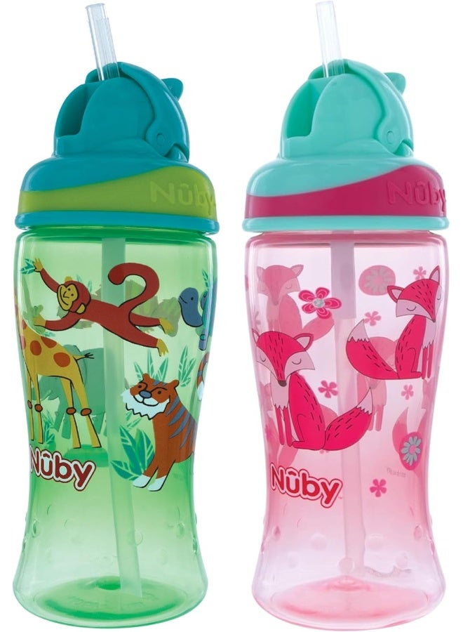 Nuby 2pk Thirsty Kids No-Spill Flip-it Printed Boost Cup with Thin Soft Straw - 12oz, 18+ Months, 2pack Print May Vary - Image 2