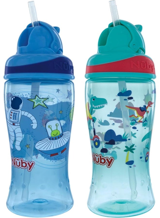 Nuby 2pk Thirsty Kids No-Spill Flip-it Printed Boost Cup with Thin Soft Straw - 12oz, 18+ Months, 2pack Print May Vary - Image 1