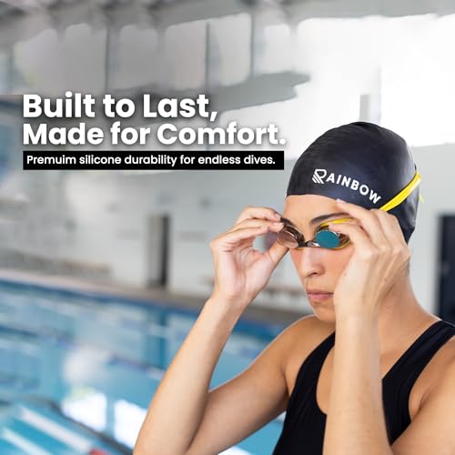 Rainbow Silicone Swimming Cap for Men, Women & Kids | Stretchable Swim Cap for Long & Short Hair | Durable, Waterproof & Comfortable Fit - Black - Image 2
