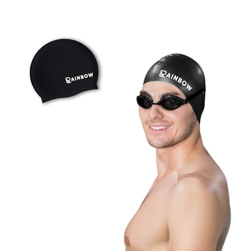 Rainbow Silicone Swimming Cap for Men, Women & Kids | Stretchable Swim Cap for Long & Short Hair | Durable, Waterproof & Comfortable Fit - Black - Image 1