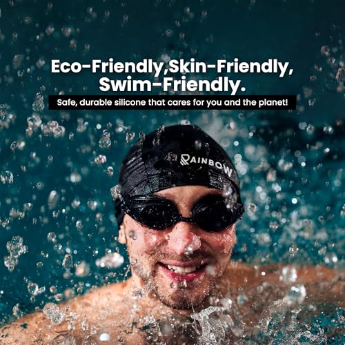 Rainbow Silicone Swimming Cap for Men, Women & Kids | Stretchable Swim Cap for Long & Short Hair | Durable, Waterproof & Comfortable Fit - Black - Image 4