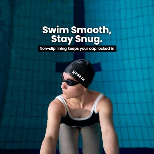 Rainbow Silicone Swimming Cap for Men, Women & Kids | Stretchable Swim Cap for Long & Short Hair | Durable, Waterproof & Comfortable Fit - Black - Image 3