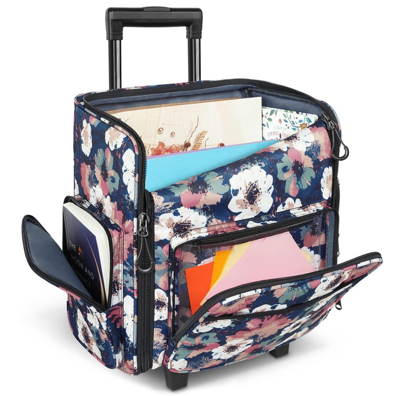 YOREPEK Rolling Craft Bag Large Roller Scrapbook Tote with Wheels Water Resistant Scrapbooking Rolling Briefcase for Scrap Book Stickers Supplies and Tools Gift for Crafter Artist Teacher Floral