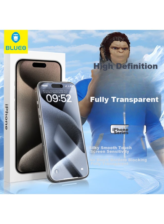 Blueo Blue Gorilla Tempered Glass Screen Protector For Apple 15/14 Pro, Fully Transparent, Full Screen, Hd Clear, Shatterproof Protective Film - Image 1
