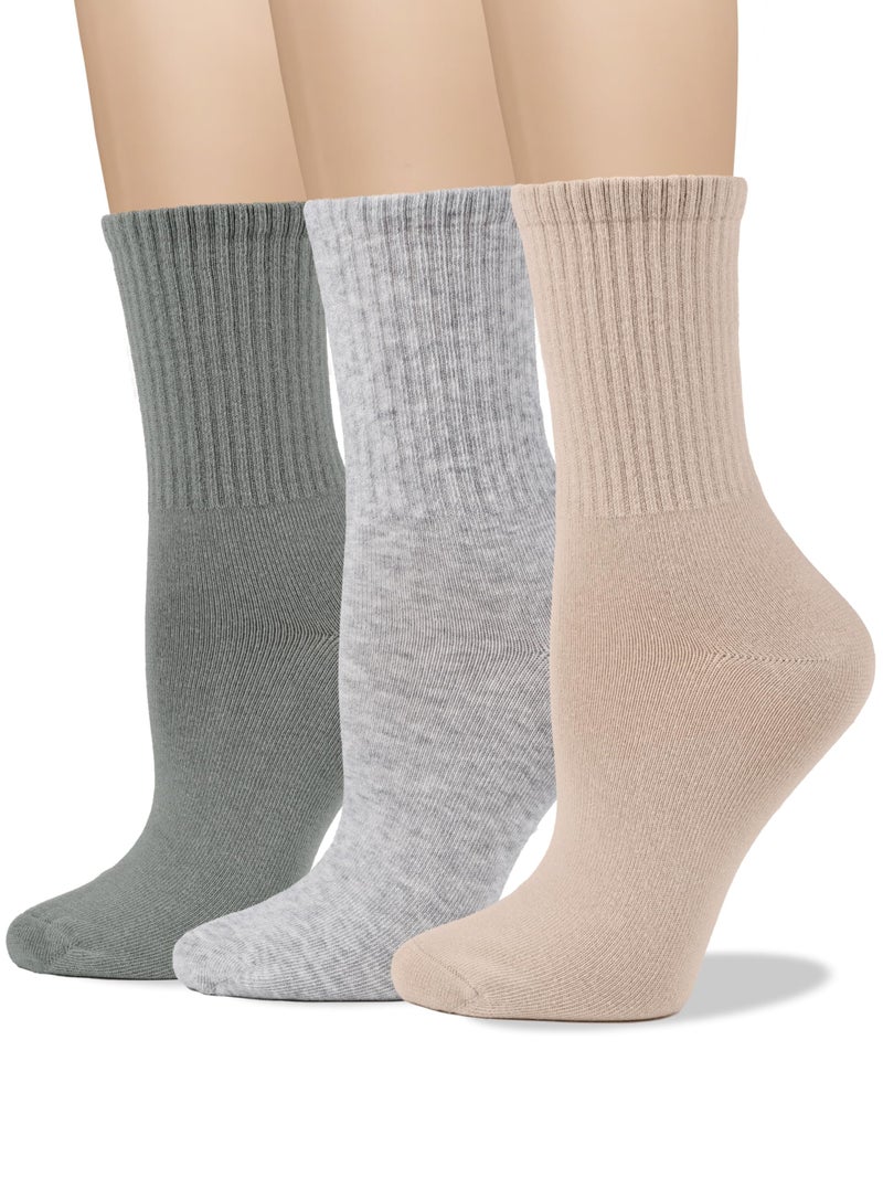 COTTON DAY Womens Soft Combed Cotton Crew Socks Beige Gray Olive BGO Shoe Size 6-9 - Image 1