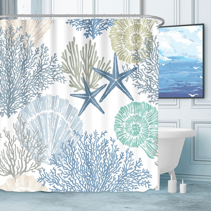 Tritard Nautical Coastal Waterproof Fabric Shower Curtain Starfish Seashell Coral Beach Themed Bath Curtain Ocean Shower Curtains for Bathroom with 12 Hooks 72x72 Blue