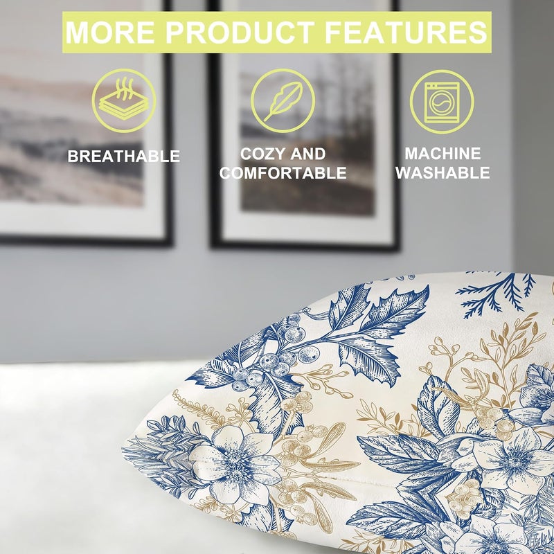 Identiy Vintage Blue and Gold Flowers Throw Pillow Cover 18x18 Inch Pack of 1, Christmas Floral Berries Decorative Pillow Case, Lumar Cushion Pillow Cover for Home Sofa Couch Indoor Outdoor - Image 4