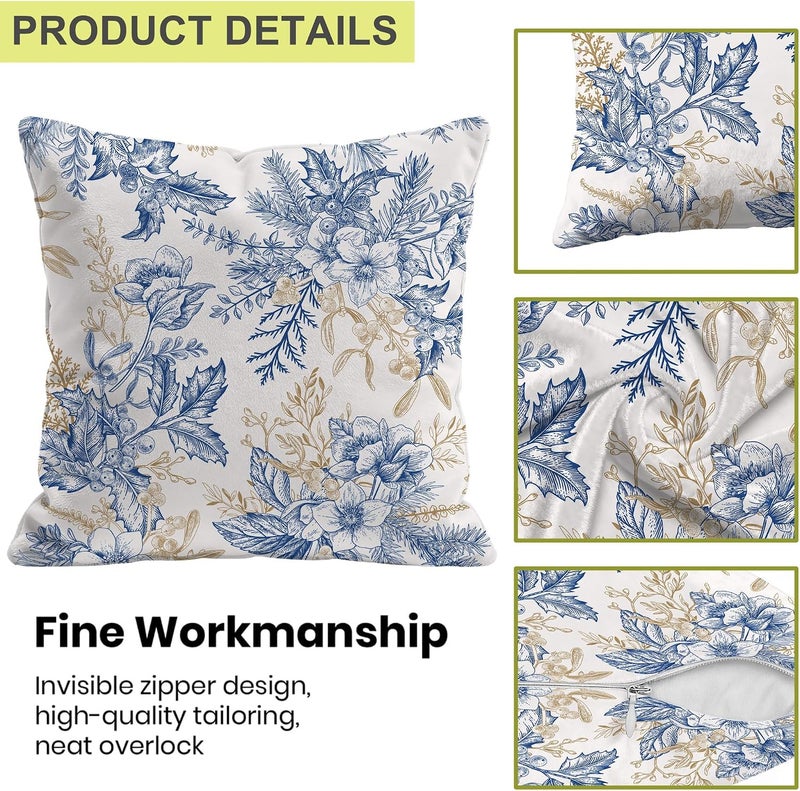 Identiy Vintage Blue and Gold Flowers Throw Pillow Cover 18x18 Inch Pack of 1, Christmas Floral Berries Decorative Pillow Case, Lumar Cushion Pillow Cover for Home Sofa Couch Indoor Outdoor - Image 3