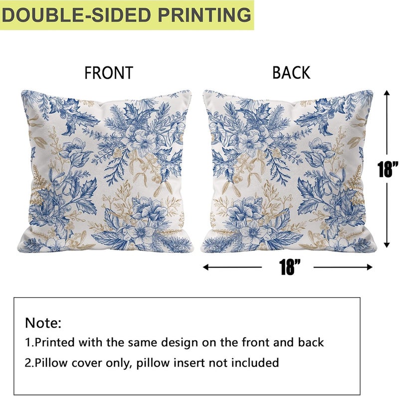 Identiy Vintage Blue and Gold Flowers Throw Pillow Cover 18x18 Inch Pack of 1, Christmas Floral Berries Decorative Pillow Case, Lumar Cushion Pillow Cover for Home Sofa Couch Indoor Outdoor - Image 2