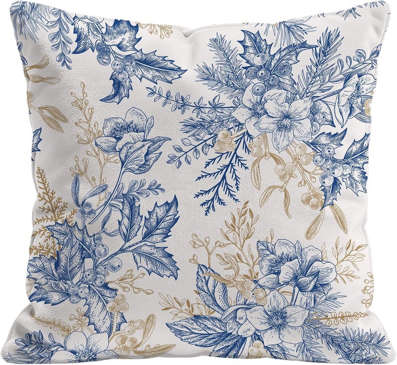 Identiy Vintage Blue and Gold Flowers Throw Pillow Cover 18x18 Inch Pack of 1, Christmas Floral Berries Decorative Pillow Case, Lumar Cushion Pillow Cover for Home Sofa Couch Indoor Outdoor - Image 1