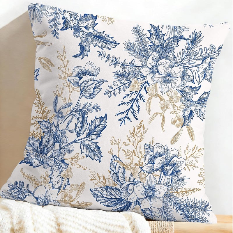 Identiy Vintage Blue and Gold Flowers Throw Pillow Cover 18x18 Inch Pack of 1, Christmas Floral Berries Decorative Pillow Case, Lumar Cushion Pillow Cover for Home Sofa Couch Indoor Outdoor - Image 5