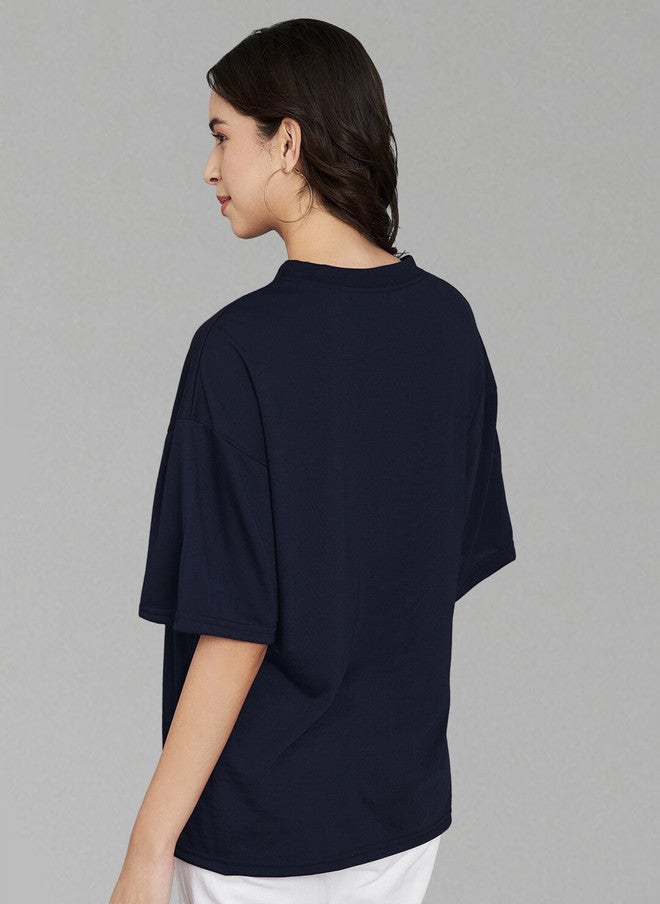 TREND LEVEL Navy Blue Typography Printed Oversized T-shirt for Women - Image 5