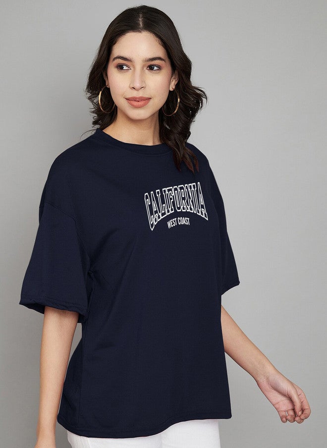 TREND LEVEL Navy Blue Typography Printed Oversized T-shirt for Women - Image 3