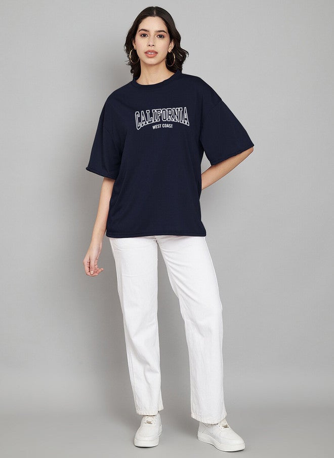 TREND LEVEL Navy Blue Typography Printed Oversized T-shirt for Women - Image 4