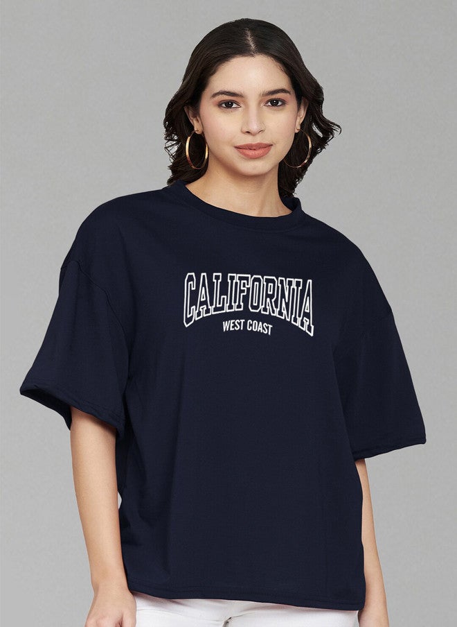 TREND LEVEL Navy Blue Typography Printed Oversized T-shirt for Women - Image 1