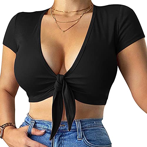 LCNBA Deep v Neck Short Sleeve Crop Top,Bandage Cross Wrap Tie Up Crop Tops Black - Image 1