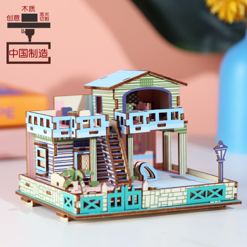 Factory 3D Wooden Three-Dimensional Puzzle Wooden Diy Handmade Toys Assembled Model Blue Dream Island Villa Toys - Image 3