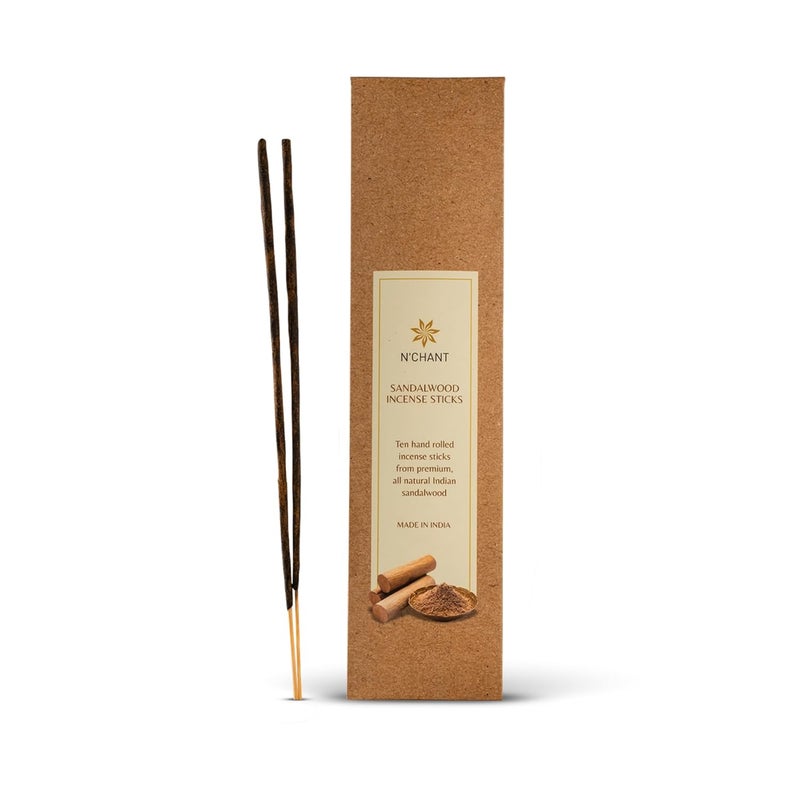 Nchant 100% Natural & Authentic Sandalwood Incense 10 Rolled Stick Handcrafted | Warm Aroma |Calming Atmosphere | Meditation |Yoga Agarbatti - Image 1