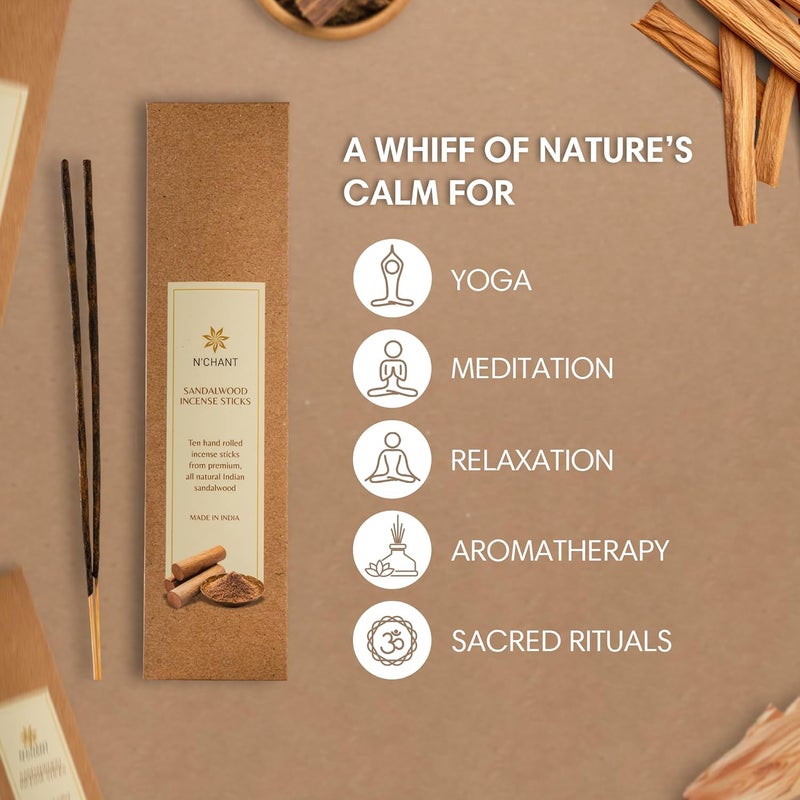 Nchant 100% Natural & Authentic Sandalwood Incense 10 Rolled Stick Handcrafted | Warm Aroma |Calming Atmosphere | Meditation |Yoga Agarbatti - Image 3