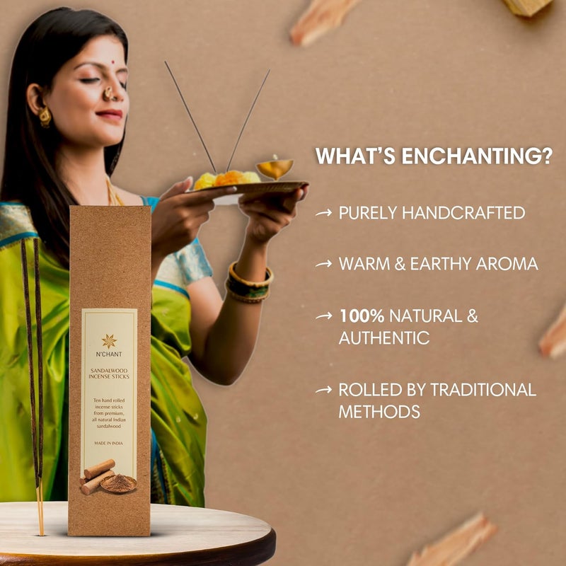 Nchant 100% Natural & Authentic Sandalwood Incense 10 Rolled Stick Handcrafted | Warm Aroma |Calming Atmosphere | Meditation |Yoga Agarbatti - Image 4