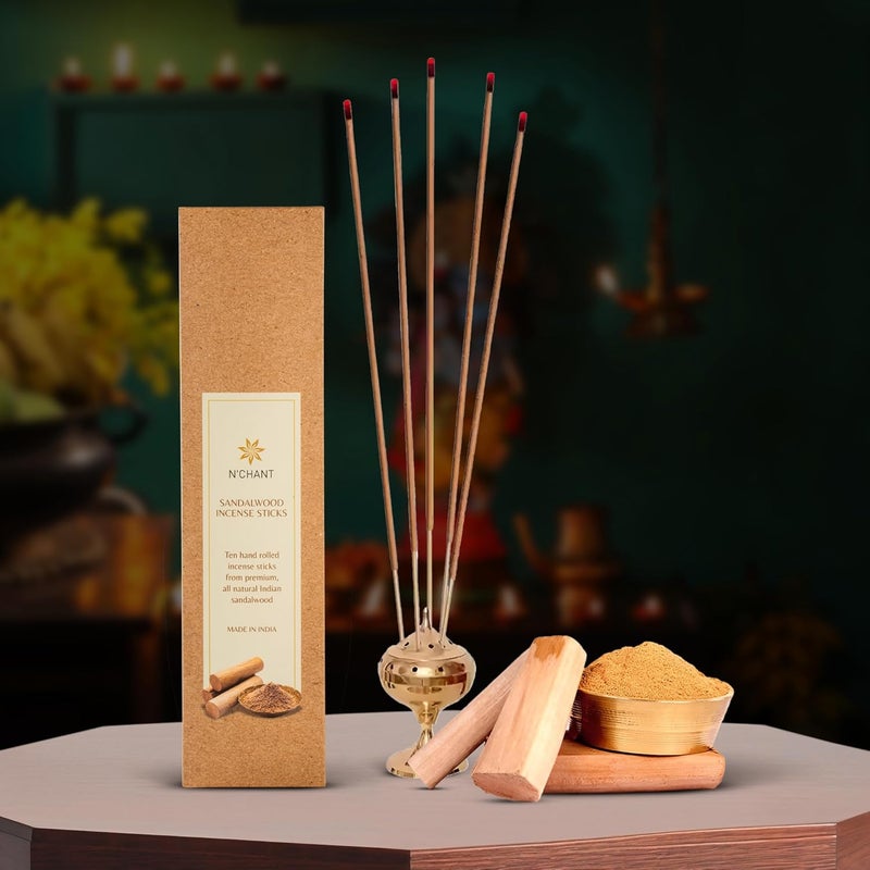 Nchant 100% Natural & Authentic Sandalwood Incense 10 Rolled Stick Handcrafted | Warm Aroma |Calming Atmosphere | Meditation |Yoga Agarbatti - Image 5