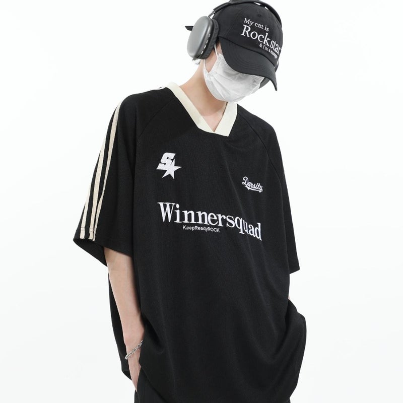 American Retro Hiphop Jersey Ins Loose National Fashion Couple Letter Embroidered V-Neck Short-Sleeve T - Image 2
