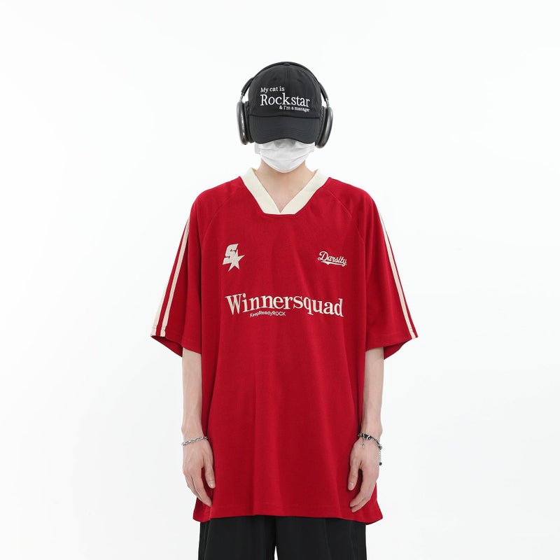 American Retro Hiphop Jersey Ins Loose National Fashion Couple Letter Embroidered V-Neck Short-Sleeve T - Image 1