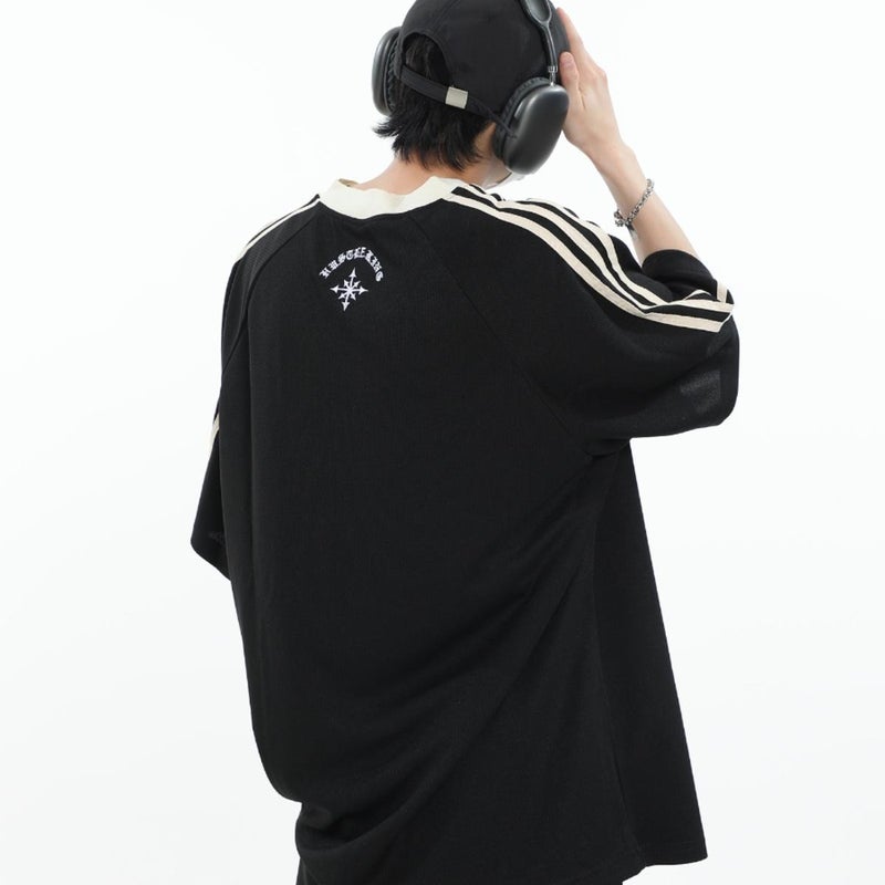 American Retro Hiphop Jersey Ins Loose National Fashion Couple Letter Embroidered V-Neck Short-Sleeve T - Image 3