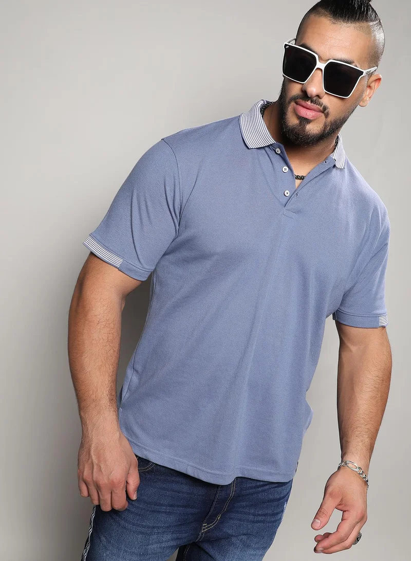 Instafab Plus Men's Egyptian Blue Basic Polo T-Shirt For Casual Wear | Spread Collar | Short Sleeve | Half-Button Closure | T-Shirt Crafted With Comfort Fit For Everyday Wear
