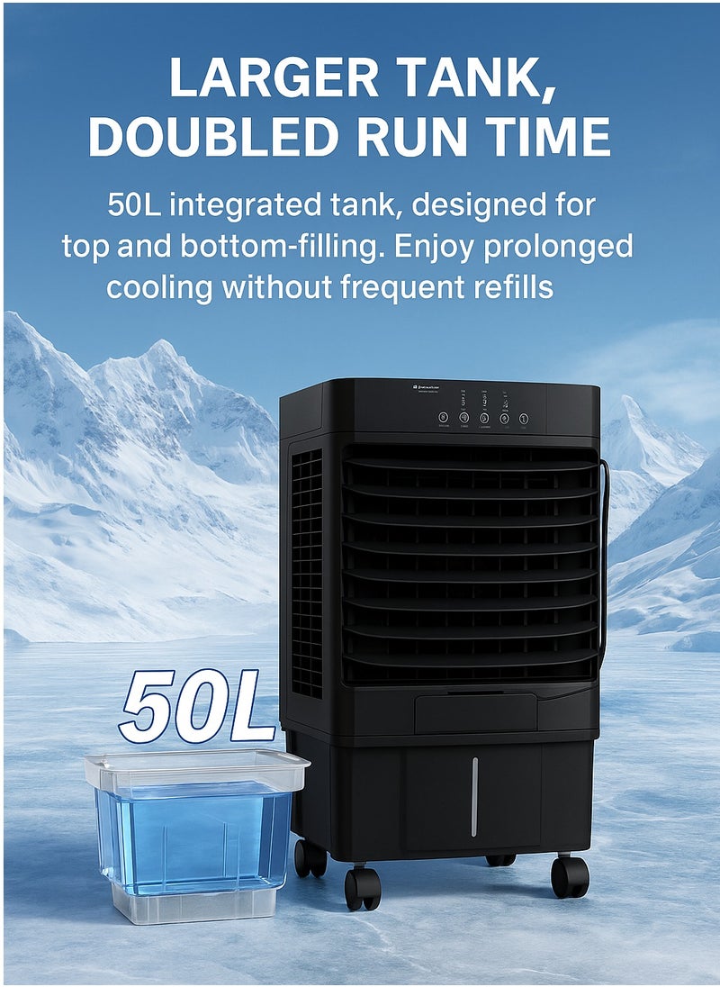 50L Evaporative Air Cooler with Ice Cooling Drawer, 3 in 1 Fan Humidifier Cooler, Touch Panel, 3 Speed, Wide Angle Airflow, Quiet Operation, Portable for Home Office Garage Outdoor