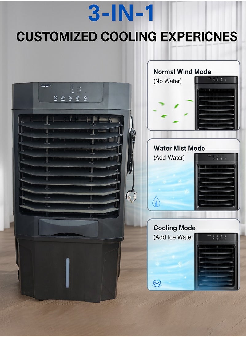 50L Evaporative Air Cooler with Ice Cooling Drawer, 3 in 1 Fan Humidifier Cooler, Touch Panel, 3 Speed, Wide Angle Airflow, Quiet Operation, Portable for Home Office Garage Outdoor