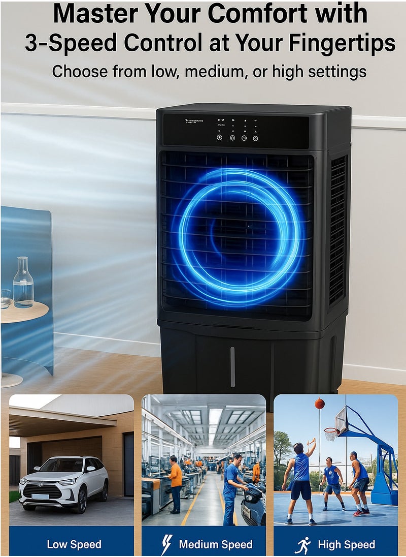 50L Evaporative Air Cooler with Ice Cooling Drawer, 3 in 1 Fan Humidifier Cooler, Touch Panel, 3 Speed, Wide Angle Airflow, Quiet Operation, Portable for Home Office Garage Outdoor